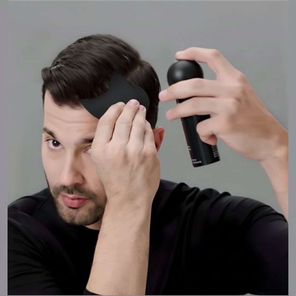 Man using a hair product on his head with a gray background