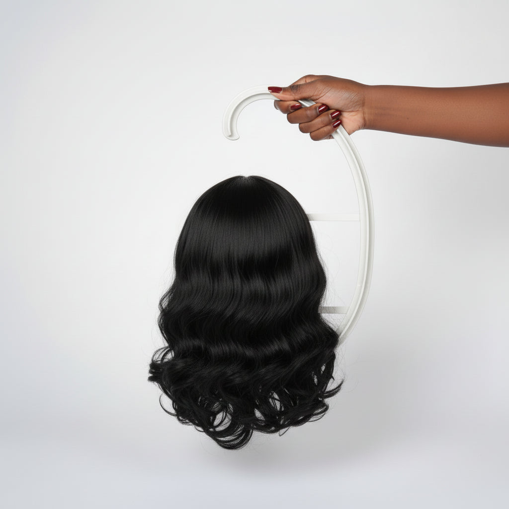 Hand holding a wig on a mannequin head against a white background